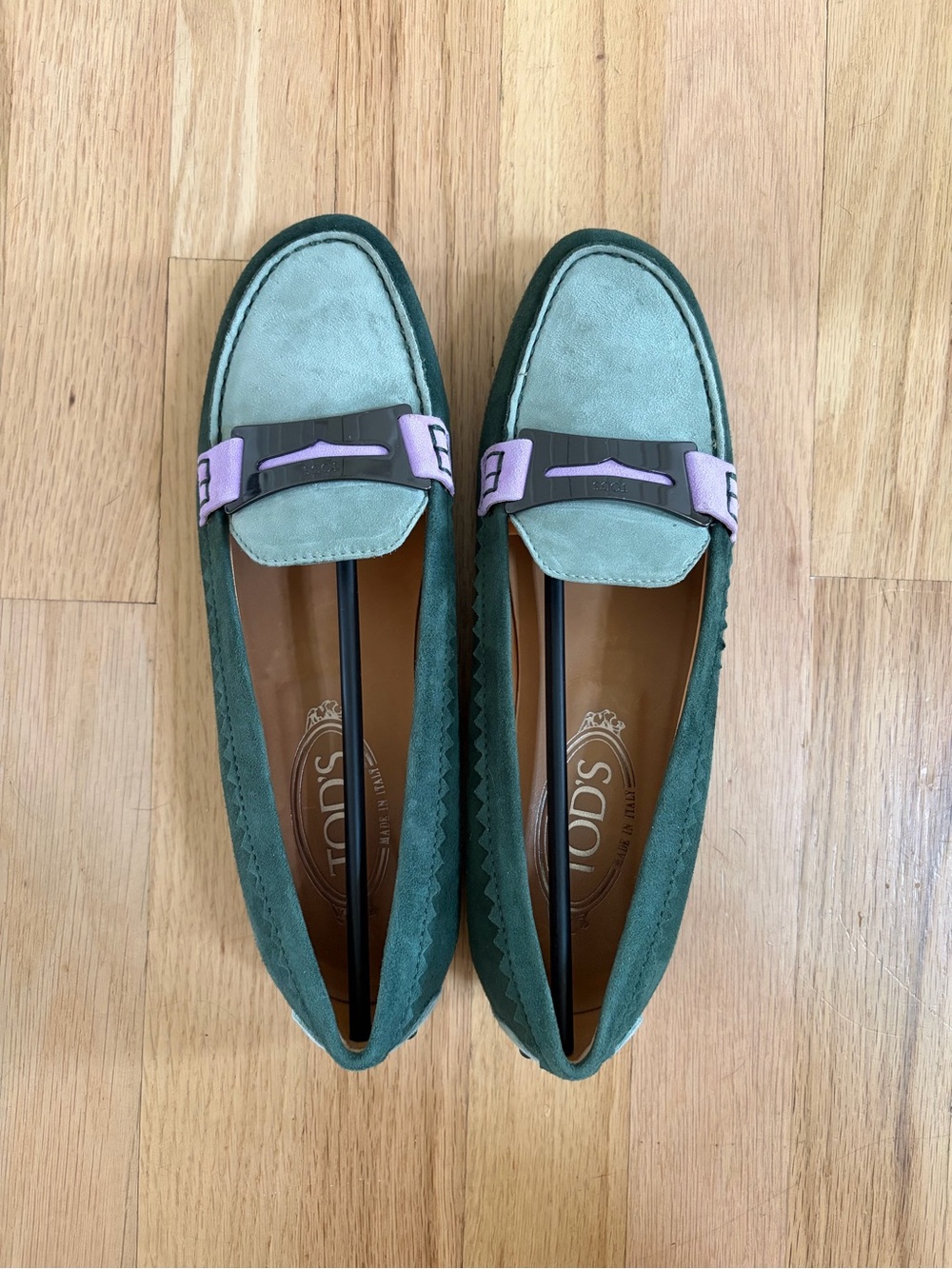 Tod’s Vintage women green suede lavender-trim penny loafers, size 37.5